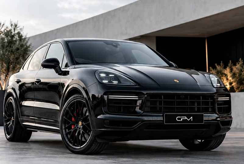 Editorial illustration of a black prestige SUV outside modern architecture